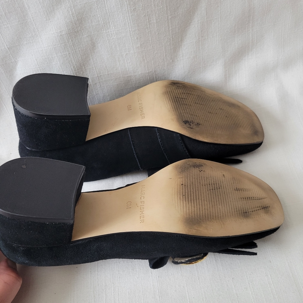 Mark Fisher Black Suede Block Heel & Fringe Loafer size 6 - Picture 15 of 15